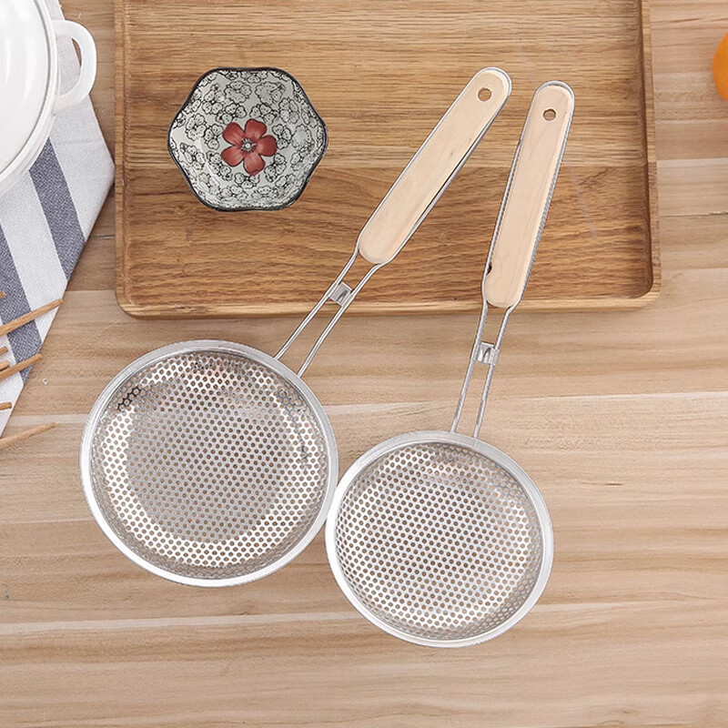 Jekero colander, stainless steel colander, kitchen utensil filter, frying pan, oil grid, noodle and dumpling spoon, wooden handle colander