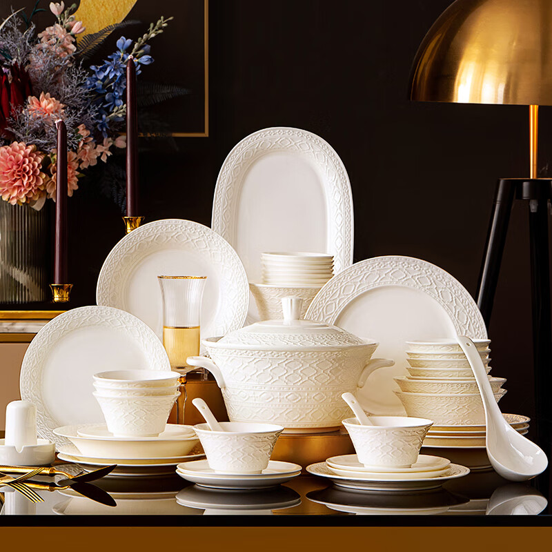 NINE CRANES embossed tableware complete set of household bowls and plates, high-end Jingdezhen underglaze color bone china tableware, housewarming gift bowl and dish set, 60-piece set丨Jingdezhen first-class underglaze color bone china