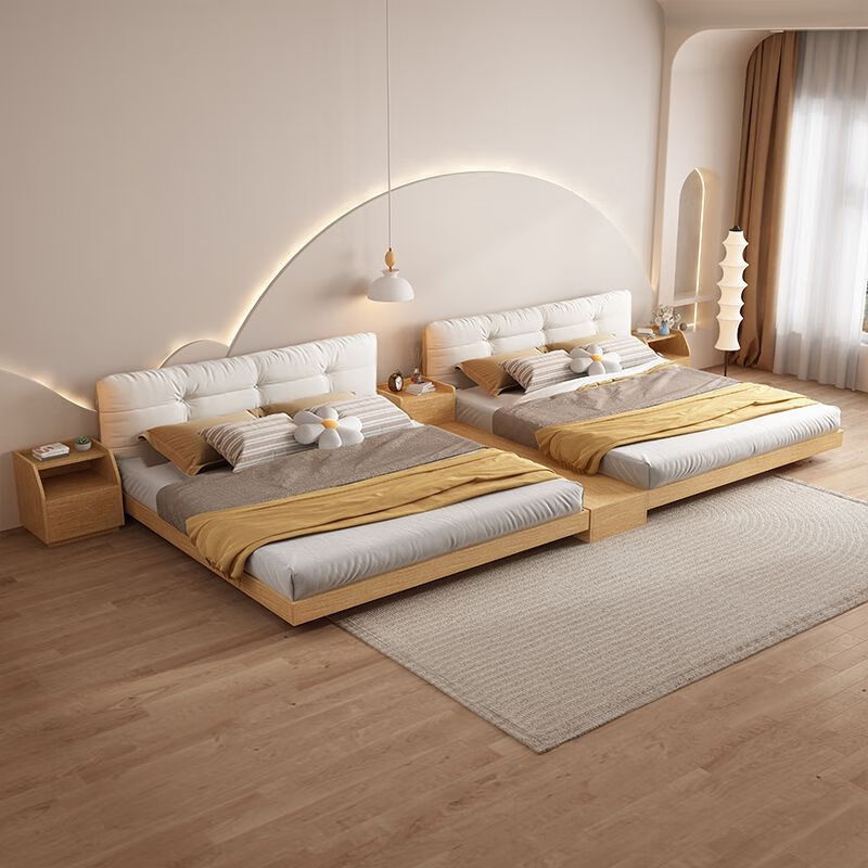 Secret floating bed tatami wabi-sabi style simple 1 meter 8 double soft package storage bed tatami bed floor-standing Japanese style walnut color bed + bedside + 1 bedside table + mattress 1500mm*2000mm frame structure