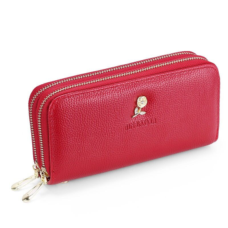 Kuqi Kangaroo Double Zipper Wallet 2025 Chinese Valentine's Day Clutch Women's Long Zipper Wallet Large Capacity Korean Card Holder Coin Purse 0015#Zoran Red With Wrist + Concealed Compartment + Card Slot