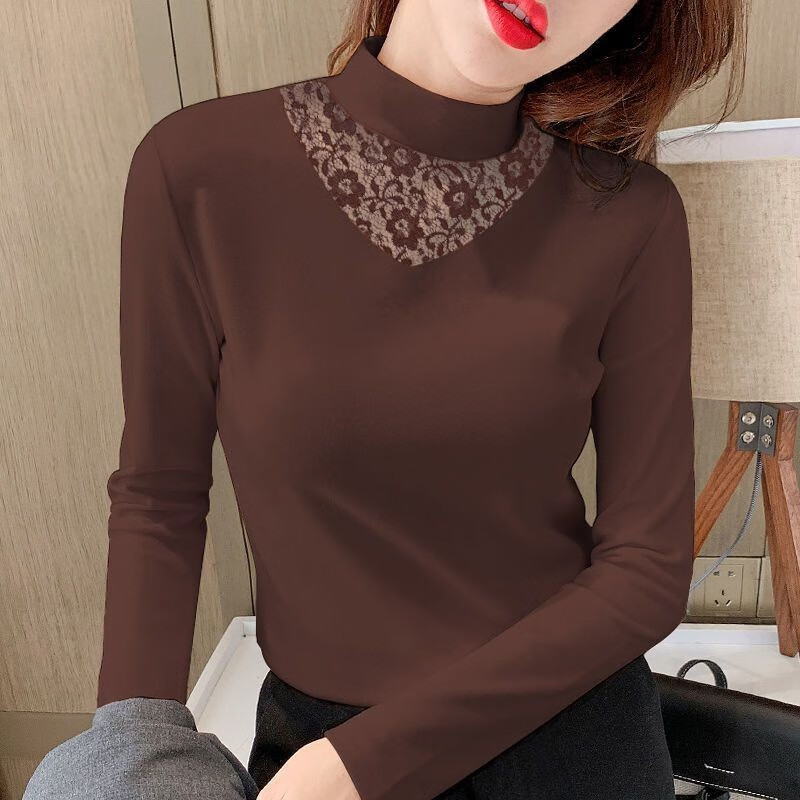 Pure letter bottoming shirt for women 2025 autumn and winter new style warm and fashionable half-high collar versatile lace fashionable and elegant inner top for women 1 double-sided German velvet-brown M recommended 80-100 pounds