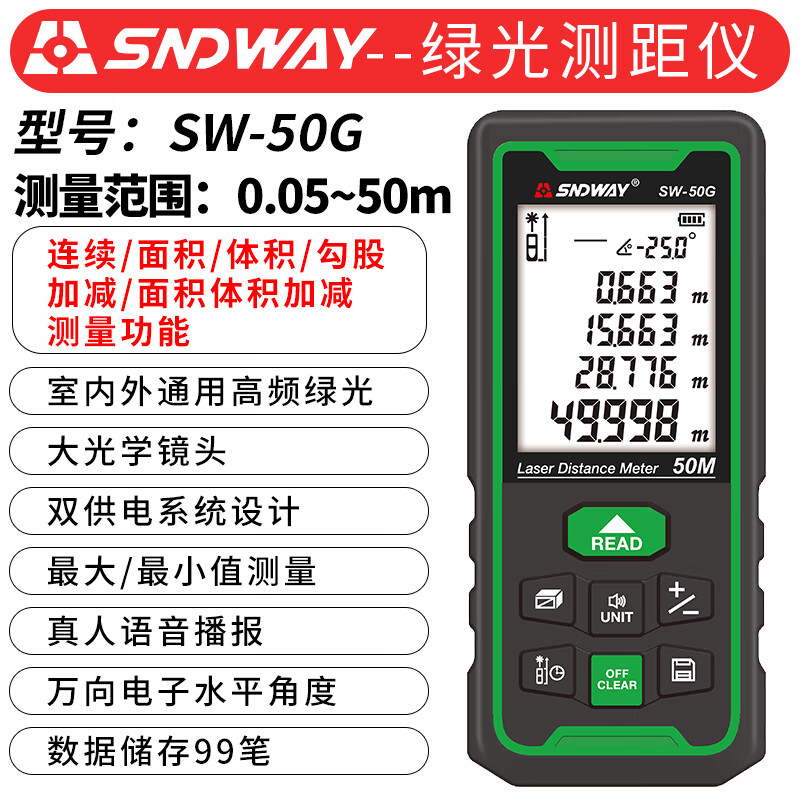 SNDWAY Laser Distance Meter Handheld High-Precision Infrared Room Measurement Instrument Electronic Ruler Indoor Laser Ruler SW-50G (Outdoor + Rechargeable Green Light 50 Meter)