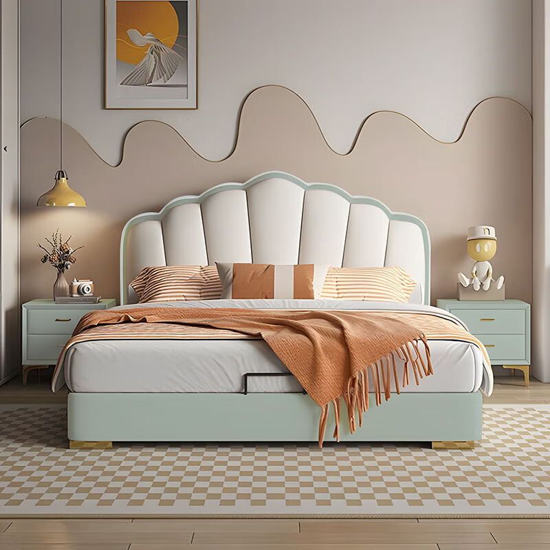 St. Fanbei children's bed girl's cream style double bed small apartment simple thickened leather art bed teen master bedroom shell bed bed + 20cm spine protection coconut palm mattress 1.5m*2m frame structure