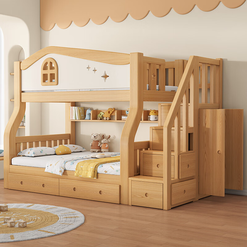 St. Burton all solid wood bunk bed, adult high and low bunk bunk bed, upper and lower bunk bed, two-story wooden bed, small apartment children's bed, straight ladder type, upper 110 and lower 130 (cherry wood)