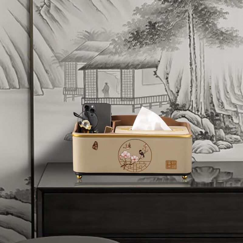 Yanze new Chinese style tissue box living room high-end light luxury design coffee table multi-function paper box home remote control storage box flower and bird storage box large (s031 marl)