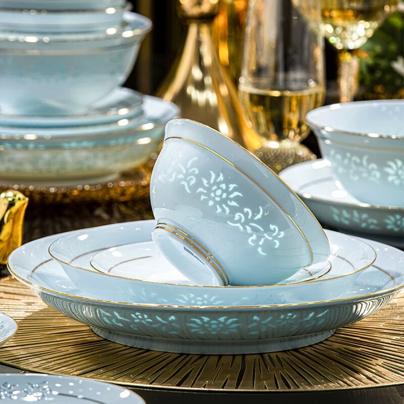 Moyu Jingdezhen original mine glazed kaolin 1380 celadon exquisite tableware complete bowl and plate set household dishes housewarming gold edge celadon exquisite underglaze color leather case 70 pieces