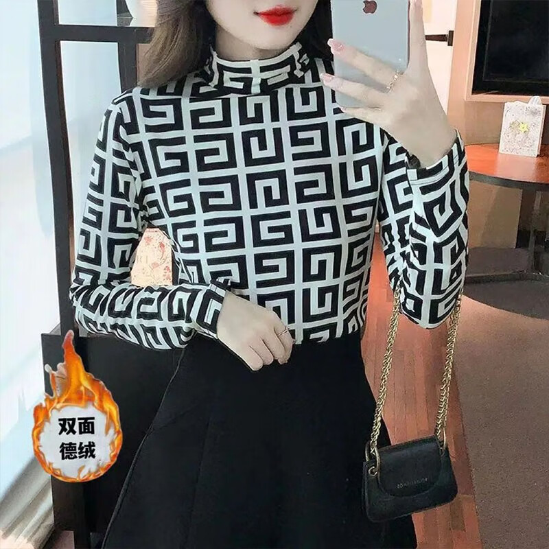 Chonglin double-sided German velvet half-turtle collar bottoming shirt for women 2025 autumn and winter new slim fit elastic inner long-sleeved T-shirt top black and white diamond check German velvet warm fabric XL recommended 115-125 pounds