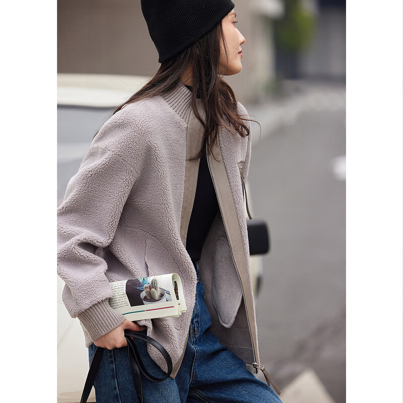 Demana Fashionable Urban Winter Casual Stand Collar Loose Patch Pocket Imitation Shearling Jacket Women's Short Smoke Gray M