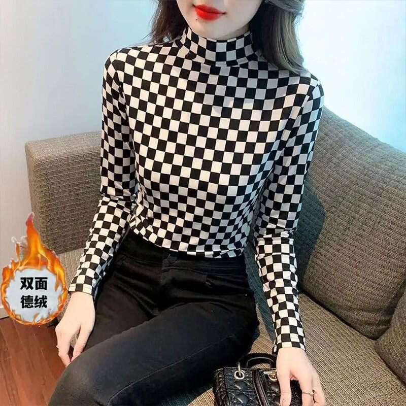 Chonglin double-sided German velvet half-turtle collar bottoming shirt for women 2025 autumn and winter new slim fit elastic inner long-sleeved T-shirt top black and white diamond check German velvet warm fabric XL recommended 115-125 pounds