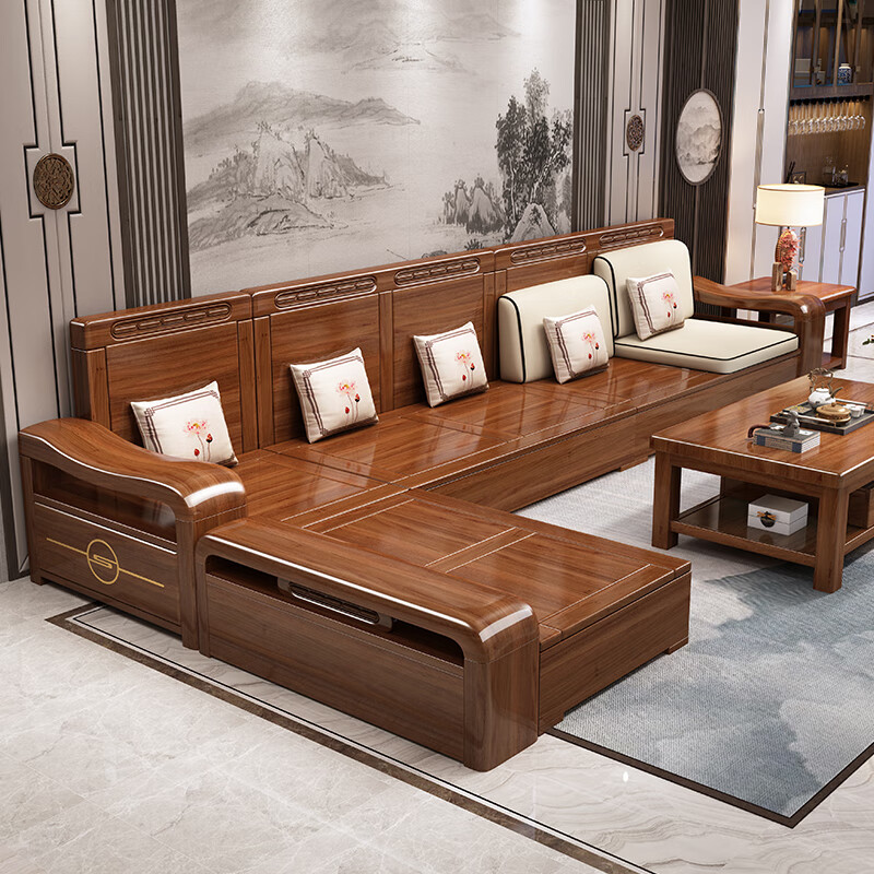Zihua solid wood sofa golden walnut modern Chinese style multi-seat corner chaise storage living room furniture F1208 four-seat + chaise + coffee table + TV cabinet storage latex style upgraded technology cloth cover