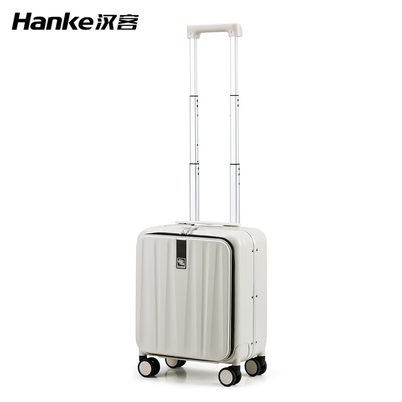 Hanker luggage men's trolley case women's boarding suitcase 14-inch ivory white password box store front side open lid aluminum frame