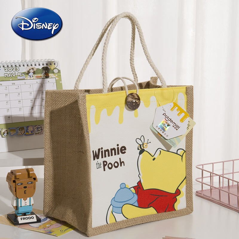 Huao genuine Disney Winnie the Pooh doll handbag cartoon environmentally friendly multi-purpose bag practical holiday gift for wife beige cotton and linen 24cm