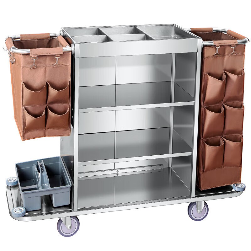 Hotel Yangyuan guest room linen cart stainless steel cleaning cart cleaning cart work cart bilateral room entrance cart stainless steel cart long and short multi-mouth bag trash can