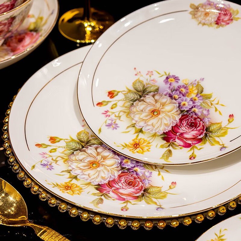 Cichuanna Jingdezhen dish set household Chinese light luxury gold-rimmed bone china tableware complete set of bowls and dishes wedding and housewarming gift with flowers in bloom for 10 people, leather box, 60 pieces