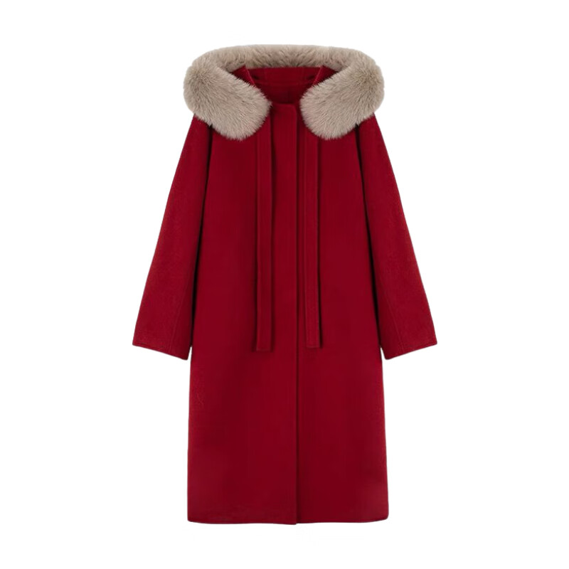 Oudihui 2025 new autumn and winter red woolen coat for women thickened large fur collar woolen coat mid-length coat for women red S