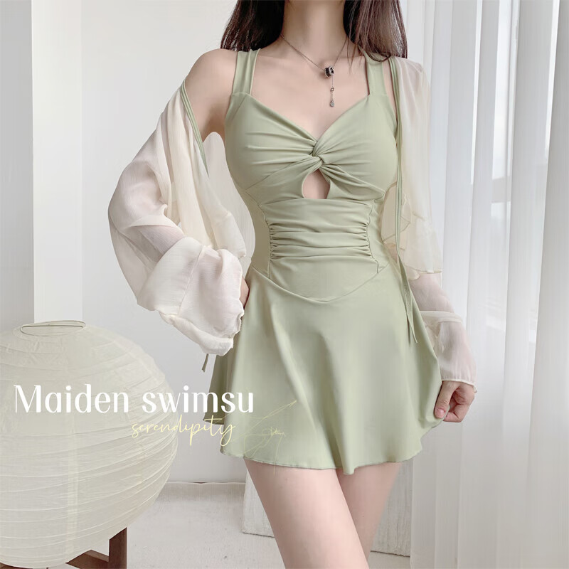 Morikami Yuji two-piece swimsuit for women, summer pure desire one-piece conservative cover-up, slim and belly-covering, high-end sexy hot spring beach swimsuit, bean green swimsuit, two-piece set 80-120 pounds