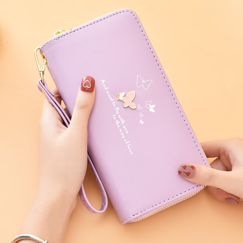 Wallet Women's Long Style 2022 New Fashion Wrist Clutch Cartoon Butterfly Double Zipper Large Capacity Mobile Phone Bag Purple