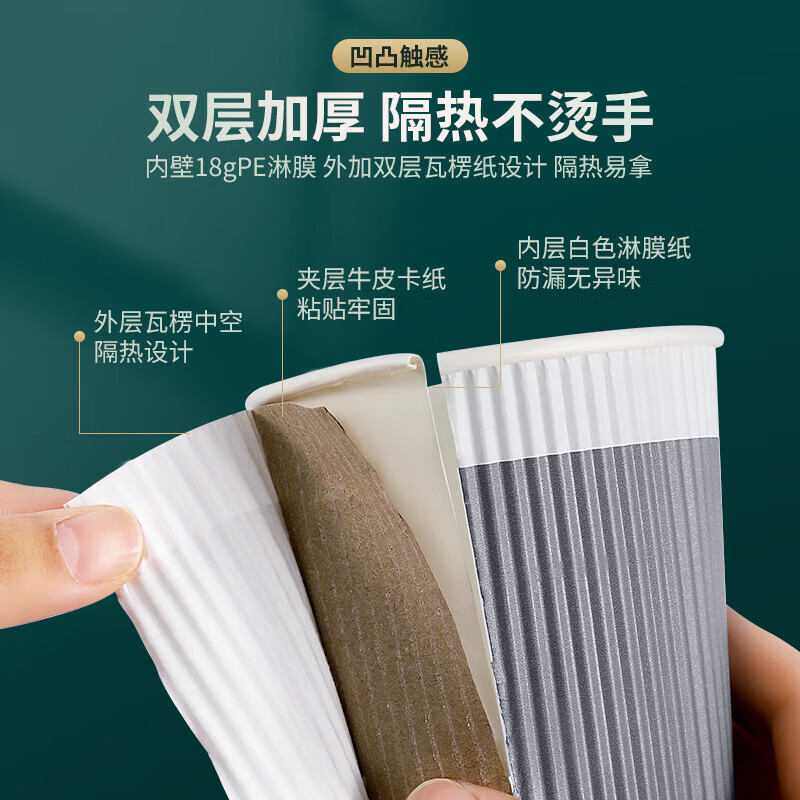 Baicaoyuan disposable paper cup business office coffee cup anti-scalding double-layer insulated corrugated cup 280ml*50 pieces style gray
