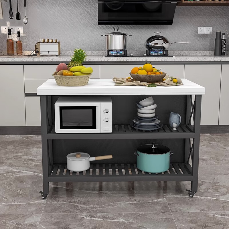 Center island kitchen dining table integrated small apartment storage operation cooking table sideboard marble movable island table length 80*width 60*height 85cm with pulleys