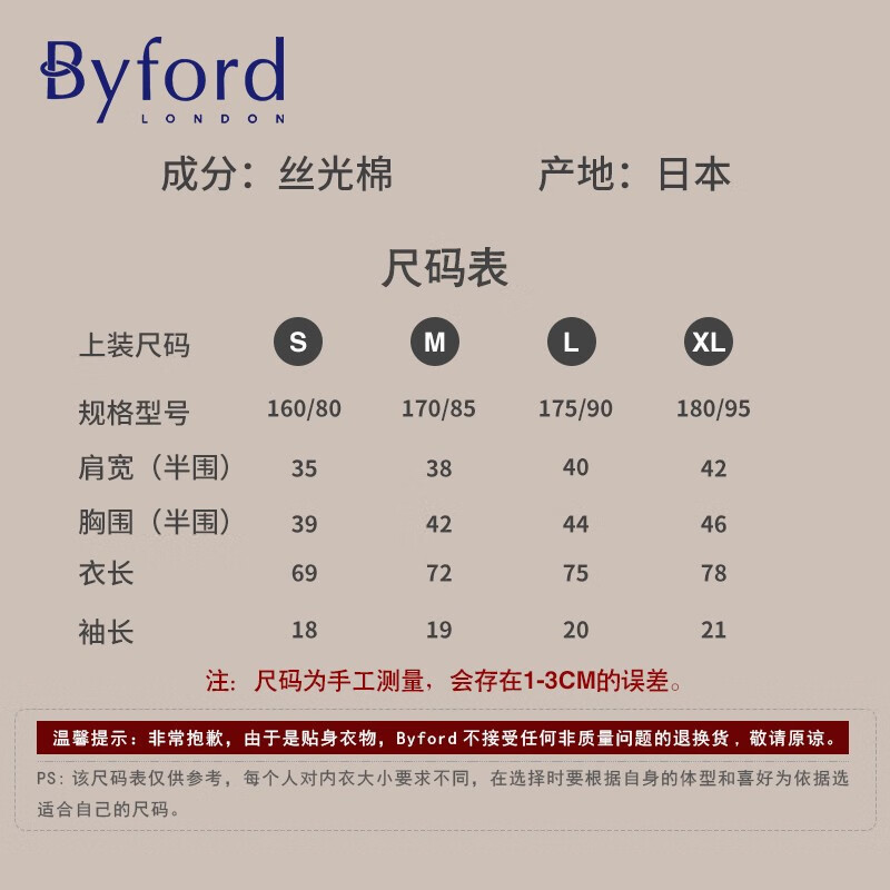 BYFORD/Baifu men's mercerized cotton bottoming underwear V-neck short-sleeved bottoming T-shirt men's business-MW2336 dark blue L