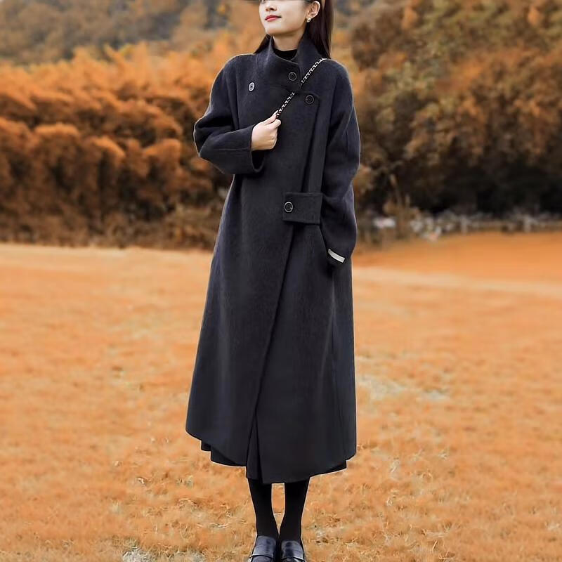 Pierre Cardin high-end double-sided cashmere coat for women mid-length Hepburn style loose woolen woolen coat 2025 autumn and winter new style black S recommended 90-125 pounds