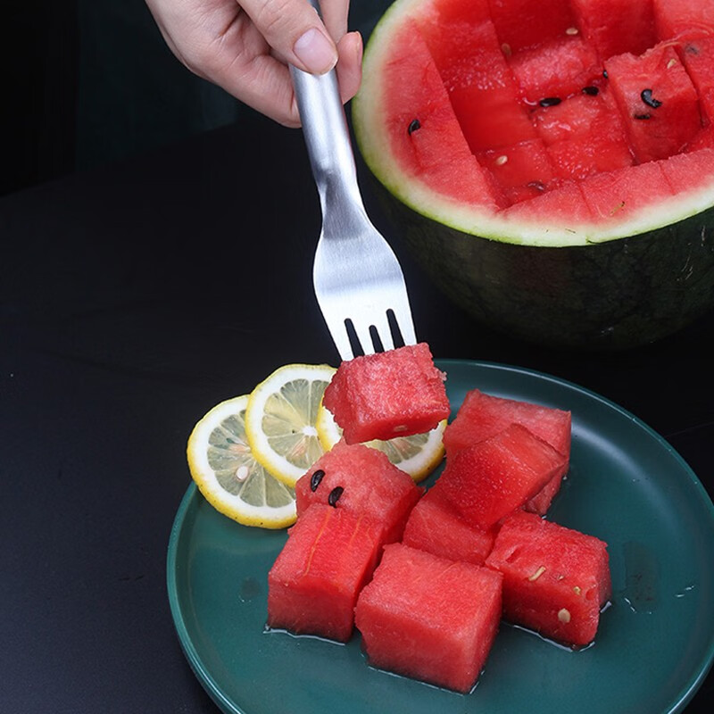 Jingju Stainless Steel Watermelon Slicer Fruit Divider Knife and Fork Integrated Slicing Tool Watermelon Fruit Divider Watermelon Dicer 1 Pack 25*4.5cm