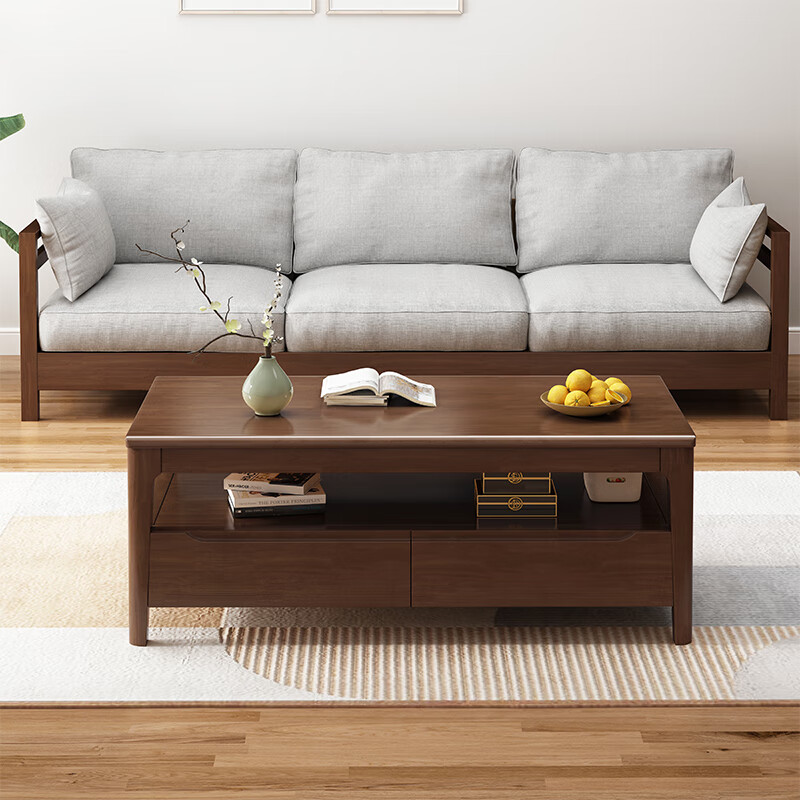 Siguyuan solid wood coffee table living room household size simple modern European tea cabinet slate double layer tea table with drawers new four-drawn wood color 120x60x45cm self-installation