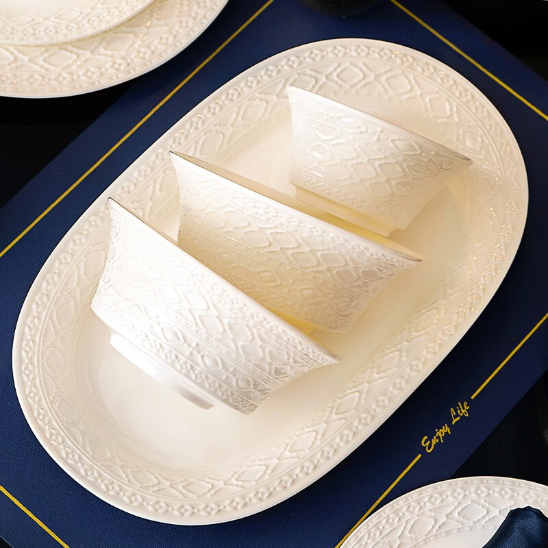 NINE CRANES embossed tableware complete set of household bowls and plates, high-end Jingdezhen underglaze color bone china tableware, housewarming gift bowl and dish set, 60-piece set丨Jingdezhen first-class underglaze color bone china