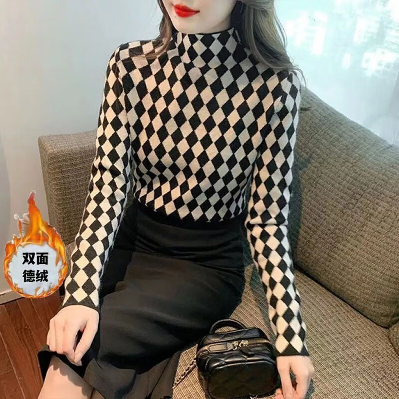 Chonglin double-sided German velvet half-turtle collar bottoming shirt for women 2025 autumn and winter new slim fit elastic inner long-sleeved T-shirt top black and white diamond check German velvet warm fabric XL recommended 115-125 pounds