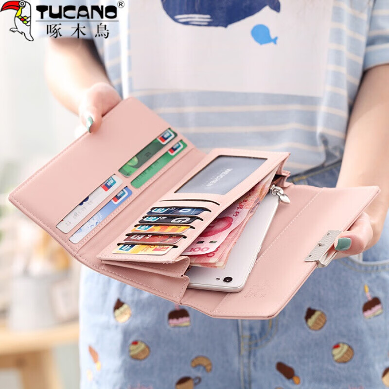 Woodpecker (TUCANO) Woodpecker Women's Wallet Long Mobile Phone Bag 2026 New First Layer Cowhide Zipper Genuine Leather Handbag Clutch Women Pink