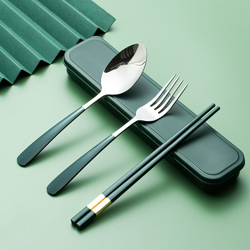 Portable tableware for picking up paintings, stainless steel fork spoon + alloy chopstick set, adult student travel box set of four