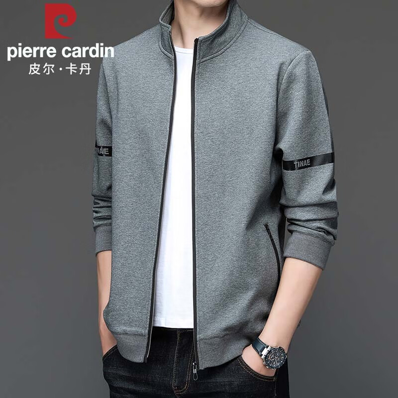 Pierre Cardin Jacket Men's Spring and Autumn Jacket Stand Collar Casual Sports Young and Middle-aged Business Versatile Cardigan Top Gray 2XL