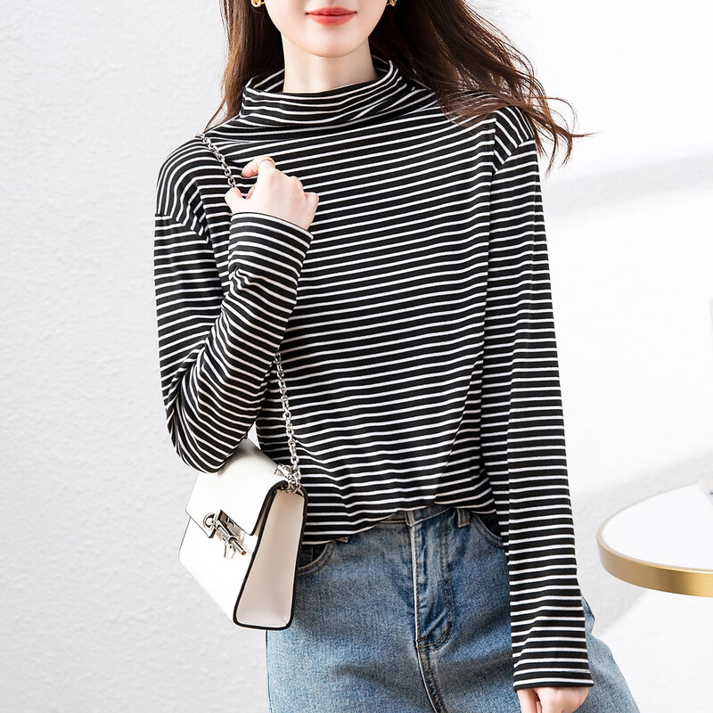 Demana (dme) super elastic striped half turtleneck comfortable striped bottoming shirt for women with top and bottoming shirt for women, black L
