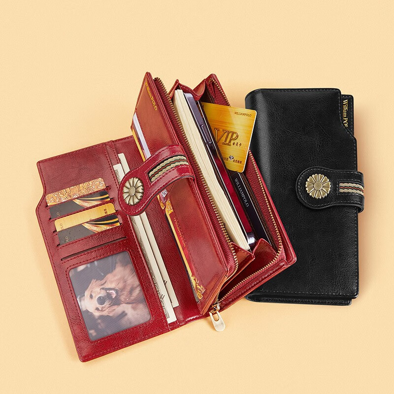 WILLIAMPOLO Paul Wallet Women's First Layer Cowhide Genuine Leather Long Wallet Handbag Multiple Card Slots Multi-Function Bag Women's Card Bag Trendy Yellow