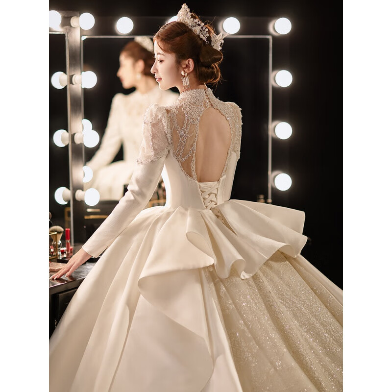 Long-sleeved main wedding dress 2023 new bride French retro palace style satin main yarn large tail autumn floor-length style M