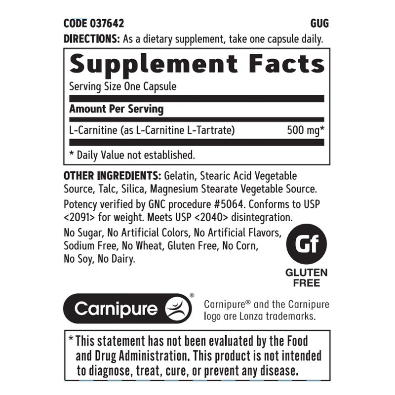 GNC L-carnitine nutrient l-carnitin stubborn men and women sports fitness supplement body shaping 500mg L-carnitine capsule (sports type) 60 capsules * 1 bottle