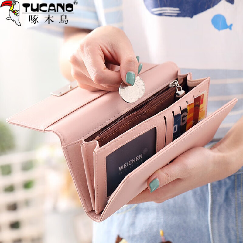 Woodpecker (TUCANO) Woodpecker Women's Wallet Long Mobile Phone Bag 2026 New First Layer Cowhide Zipper Genuine Leather Handbag Clutch Women Pink