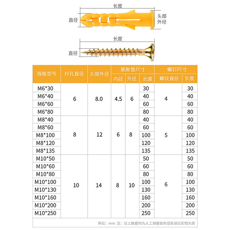 Hasdick Beijing warehouse delivery small yellow croaker plastic expansion tube expansion screw rubber plug bolt expansion plug self-tapping screw set 6*60mm 100 sets