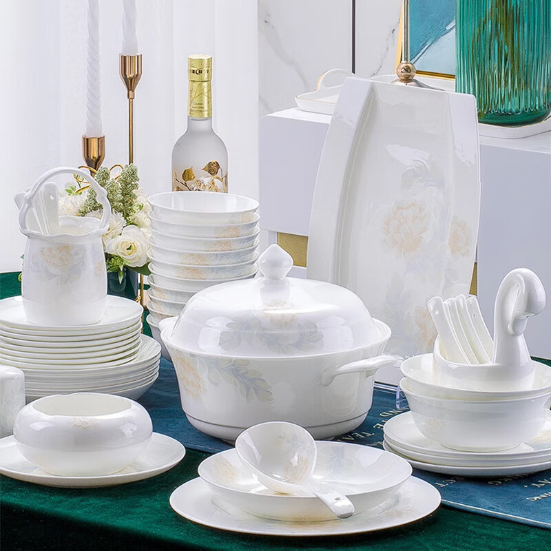 Prime Minister of Porcelain Jingdezhen High Temperature Bone Porcelain Underglaze Color Tableware Complete Set of Bowls and Dishes for Household Light Luxury Housewarming and Wedding Gift Bowl and Plate Set Dark Fragrance Sparse Shadow Underglaze Color 56-piece Set