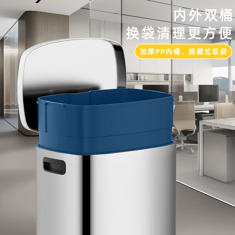 KUK stainless steel trash can large foot with cover kitchen living room home hotel commercial office building 50L sand steel silver