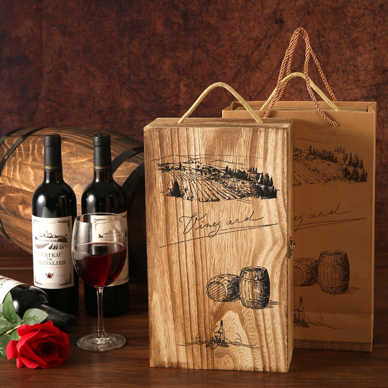 Art Bird Red Wine Box Wooden Box Double Wine Packaging Box Paulownia Wooden Wine Box Gift Box Universal Version Burnt Color Retro Wooden Box + Kraft Paper Bag