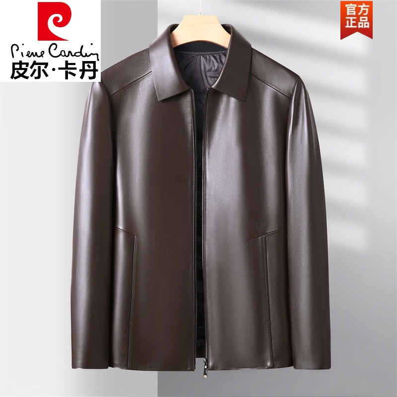 Pierre Cardin Haining removable lining down genuine leather jacket winter middle-aged men's lapel zipper sheepskin casual jacket brown M 170