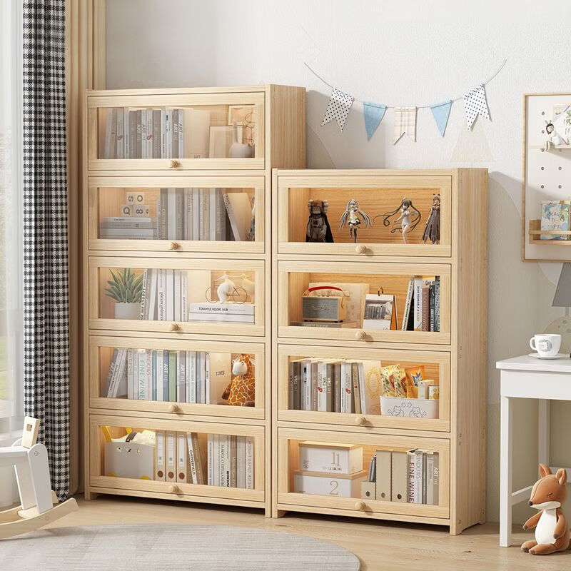 Moridi pine bookcase with flip-up transparent door student book storage cabinet multi-layer floor-to-ceiling solid wood bookshelf toy storage cabinet unpainted pine healthy solid wood bookcase five-layer 80 long flip door design