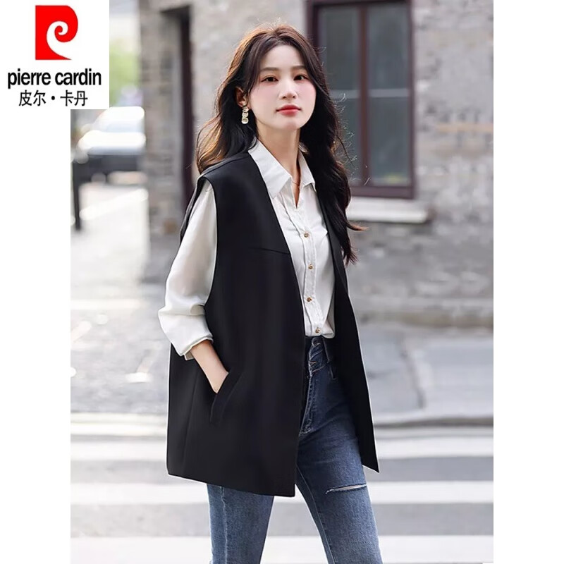 Pierre Cardin 24 years new style French style suit vest women's early spring loose suit jacket V-neck vest top black 3XL 135 to 150 pounds