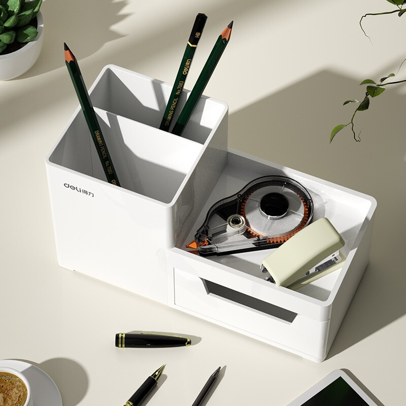 Deli Home Stationery Storage Box Small Object Desktop Storage Pen Holder Cosmetics Desktop Storage Box Light White 8907