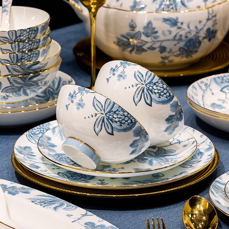 Honglang 2023 new style Chinese tableware and dishes set high-end bone china Jingdezhen new home moving and wedding gift bowls 70 pomegranate flowers (high-end gift packaging)