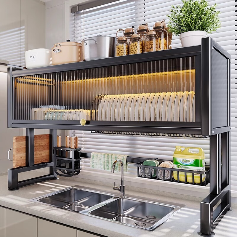 Kunfeng kitchen sink rack drain rack countertop dish storage rack knife rack dishwashing sink pool dustproof cupboard storage black main rack regular 65CM