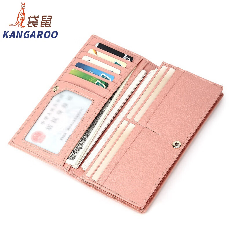 Kangaroo (KANGAROO) carefully selected quality wallet women's long genuine leather 2024 new student wallet Xiaoqing Korean first layer cowhide clip thin pink (thick version)