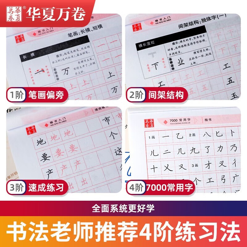 Huaxia Wanjuan regular script copying practice calligraphy book for adults beginners regular script quick practice calligraphy book student's stroke order hard pen copybook Lu Zhongnan's handwriting beautiful block letters pen copybook a complete set of 4 books for calligraphy practice