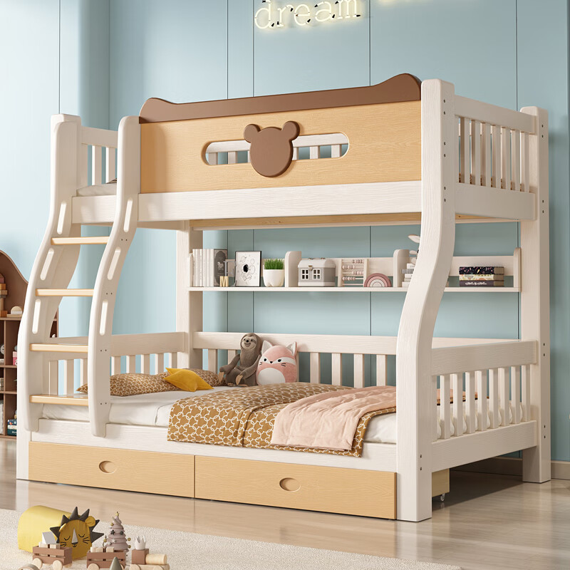 Oufansen double-layer solid wood bunk bed for boys and girls, high and low bunk bed, adult bed, panda twin bed, small apartment, straight ladder type (with 5CM mattress) Top bunk width 130cm* Bottom bunk width 150cm